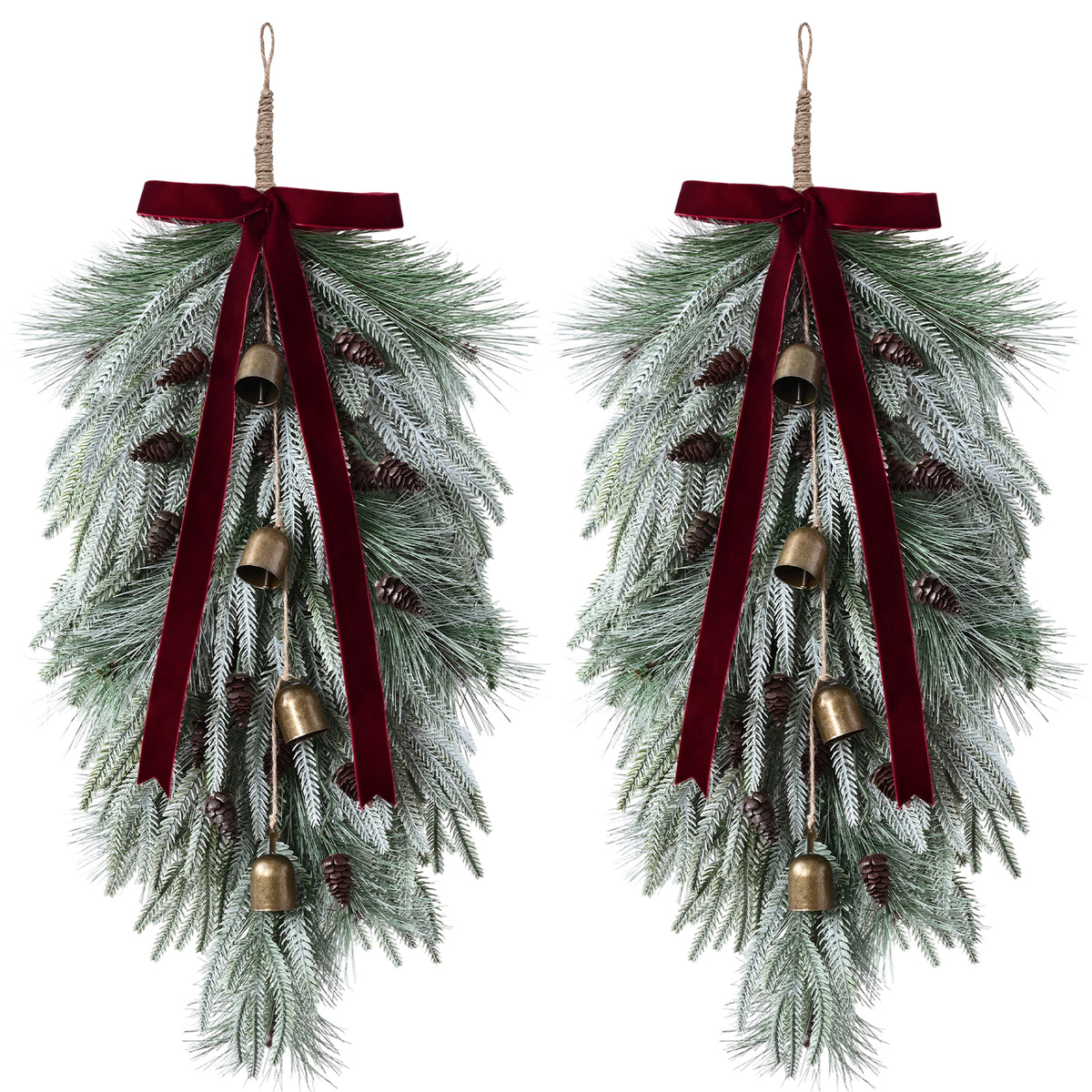 Yastouay 2 Pack 28in Christmas Swag , Artificial Norfolk Pine Door Swag with Red Velvet Bow Bells Pinecones for Indoor Outdoor Christmas Decor