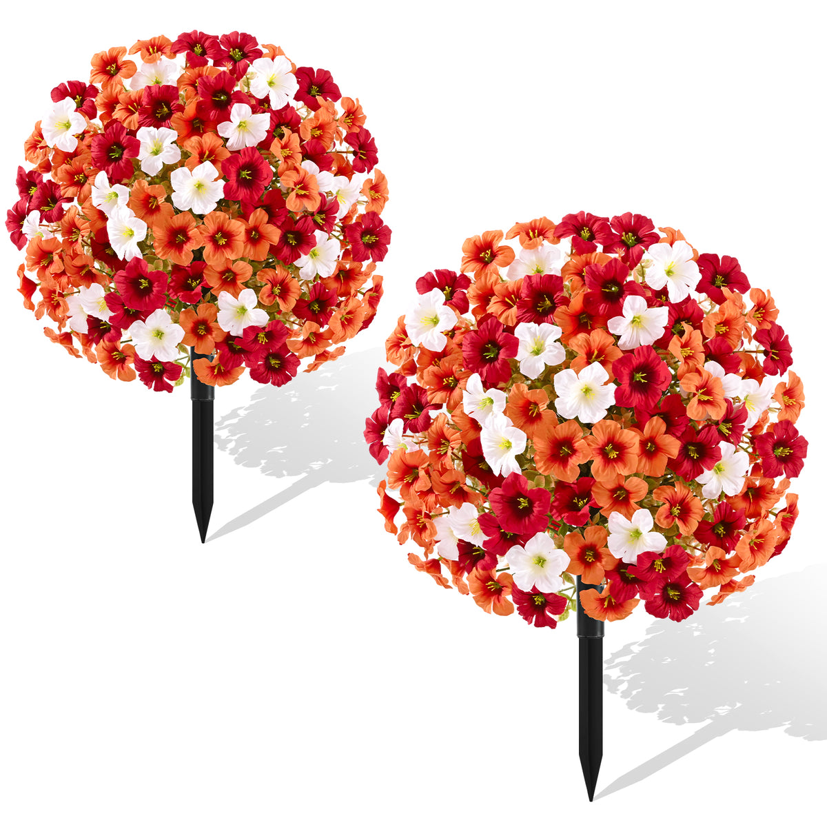 Yastouay 2 Packs Artificial Flowers Topiary Balls with Ground Spikes,23 Inch UV Resistant Faux Boxwood with Petunias Flowers for Outdoor Garden Decor(Mixed Purple)