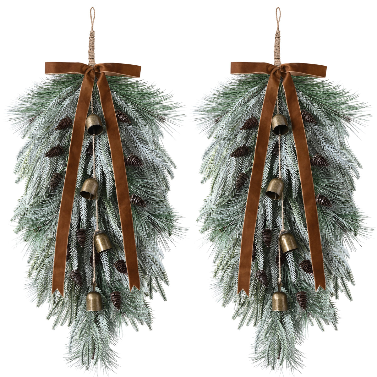 Yastouay 2 Pack 28in Christmas Swag , Artificial Norfolk Pine Door Swag with Red Velvet Bow Bells Pinecones for Indoor Outdoor Christmas Decor