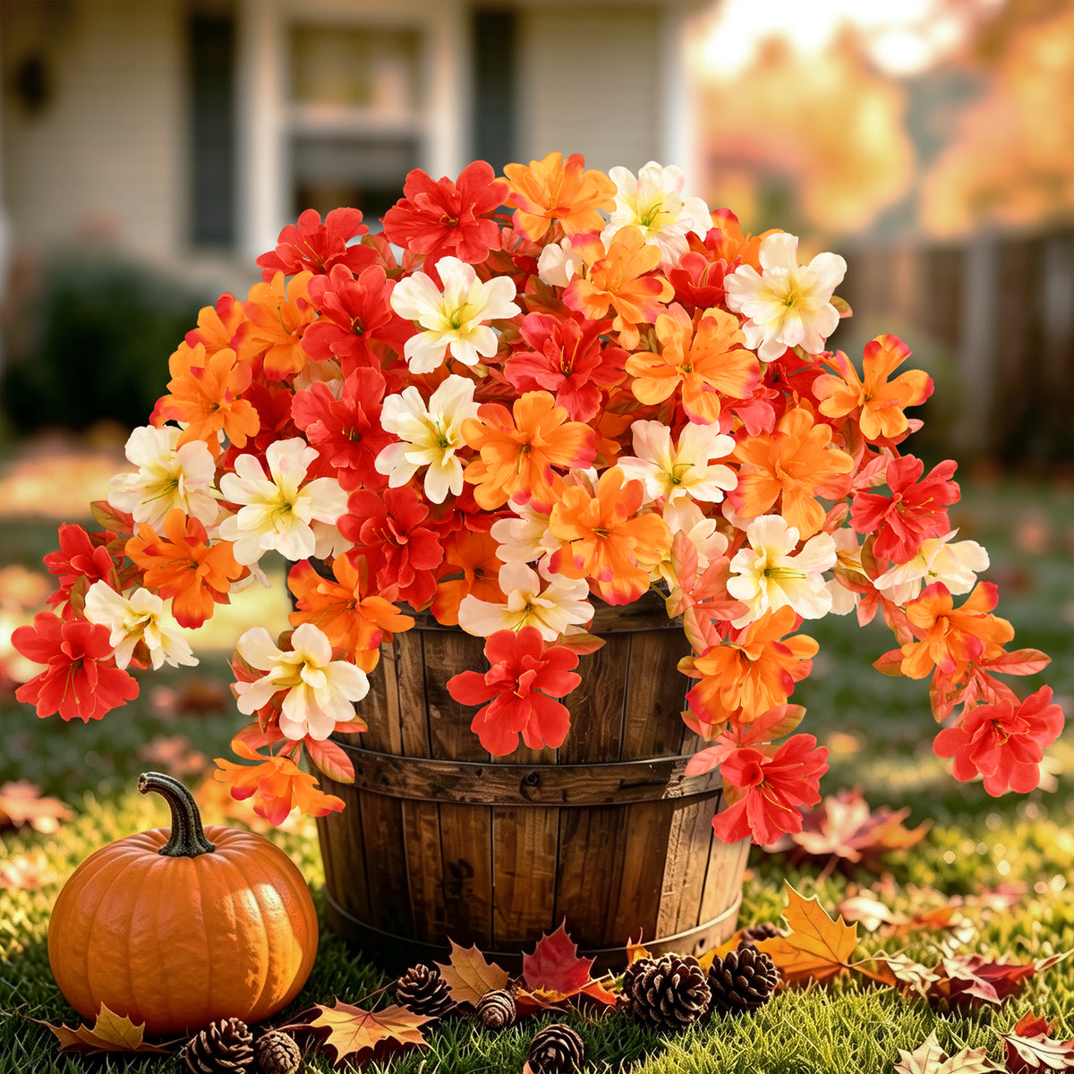 Yastouay 2 Large Bundles Artificial Fall Flowers for Outdoors, UV Resistant Silk Flowers Faux Azalea for Garden Porch Patio Decor(Yellow,Orange)