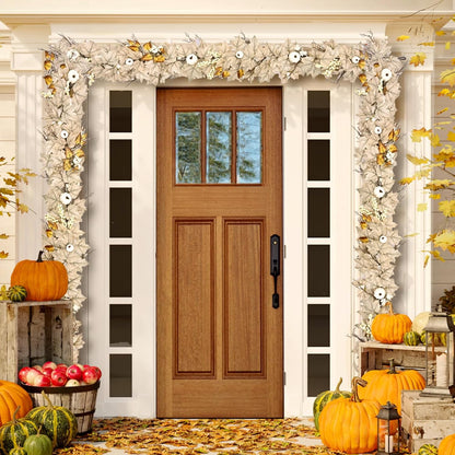 Waipfaru Fall Garland with Lights,5.8ft Maple Leaf Garland with White Pumpkins, Berries&LED Lights,Battery Operated Thanksgiving Garland for Mantel, Fireplace, Tabletop