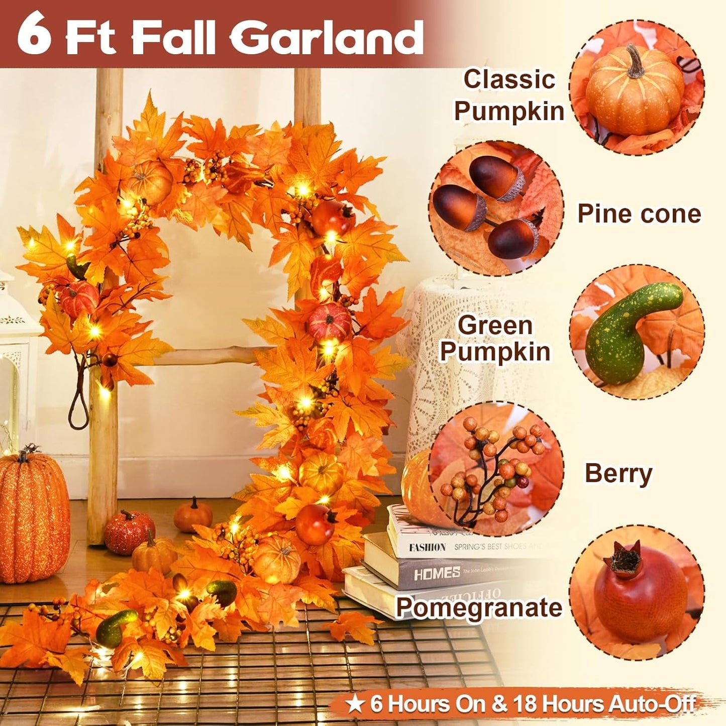 Waipfaru Fall Garland with Lights,6ft Maple Leaf Garland with Pumpkins, Berries&LED Lights,Battery Operated Thanksgiving Garland for Mantel, Fireplace, Tabletop