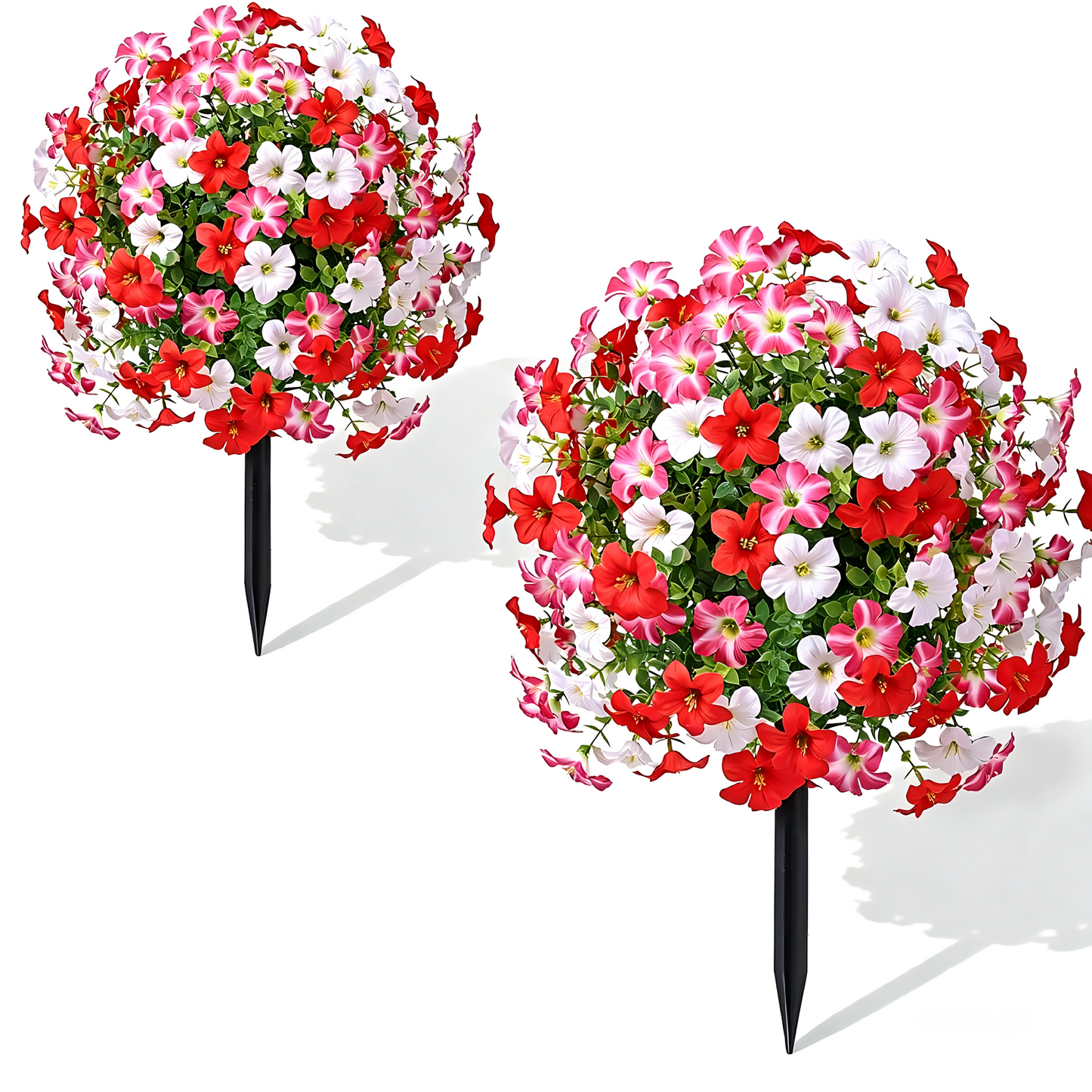 Yastouay 2 Packs Artificial Flowers Topiary Balls with Ground Spikes,23 Inch UV Resistant Faux Boxwood with Petunias Flowers for Outdoor Garden Decor(Mixed Purple)
