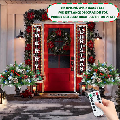 Waipfaru Set of 2 Lighted Artificial Christmas Urn Filler,21inch Pre-lit Xmas Pine Trees with Cones,Red Berries,Tripod Stake and 50 LED Lights,Outdoor Holiday Home Decor