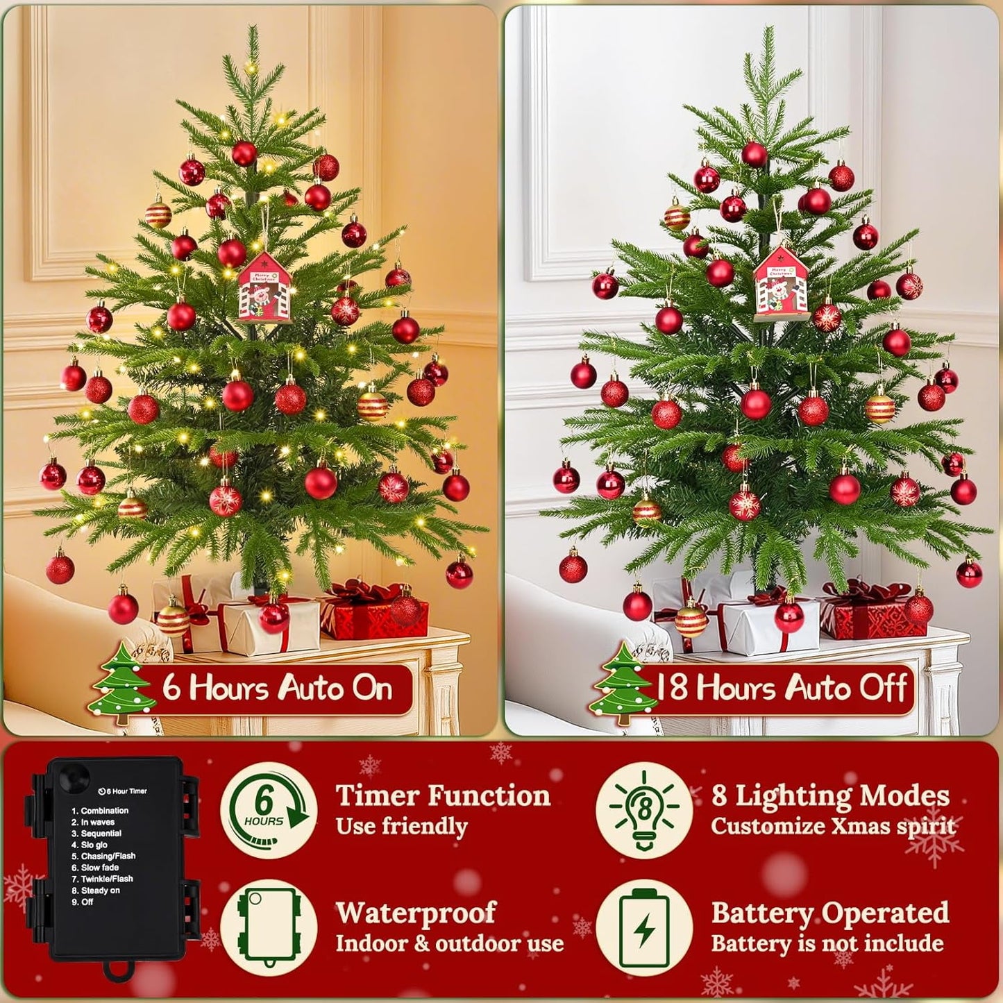 Waipfaru 3ft Artificial Christmas Tree with Lights,Pre-Lit Mini Christmas Tree with Ball Ornaments for Xmas Holiday Home Decor