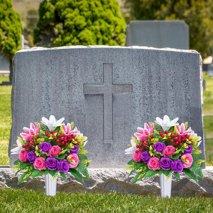 Waipfaru Artificial Cemetery Flowers with Vase,2 Pack Artificial Rose Lily Grave Bouquet,Silk Memorial Flowers for Cemetery Headstones Decoration