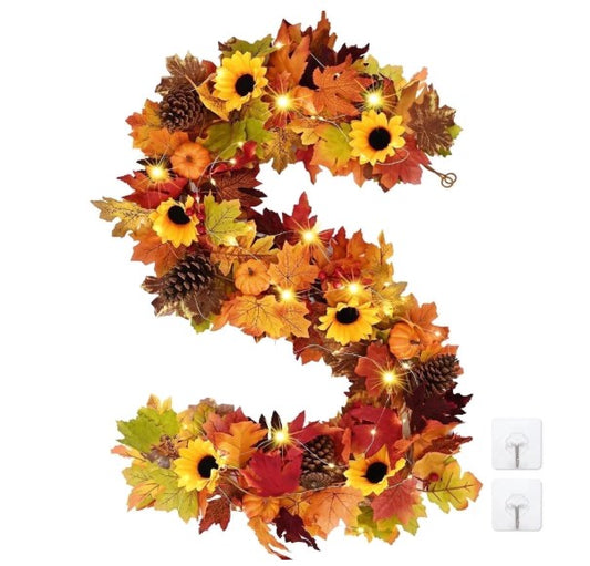Yastouay 5.7Ft Fall Garland with Lights, Autumn Maple Leaves Garland with Sunflowers Fall Decor for Thanksgiving