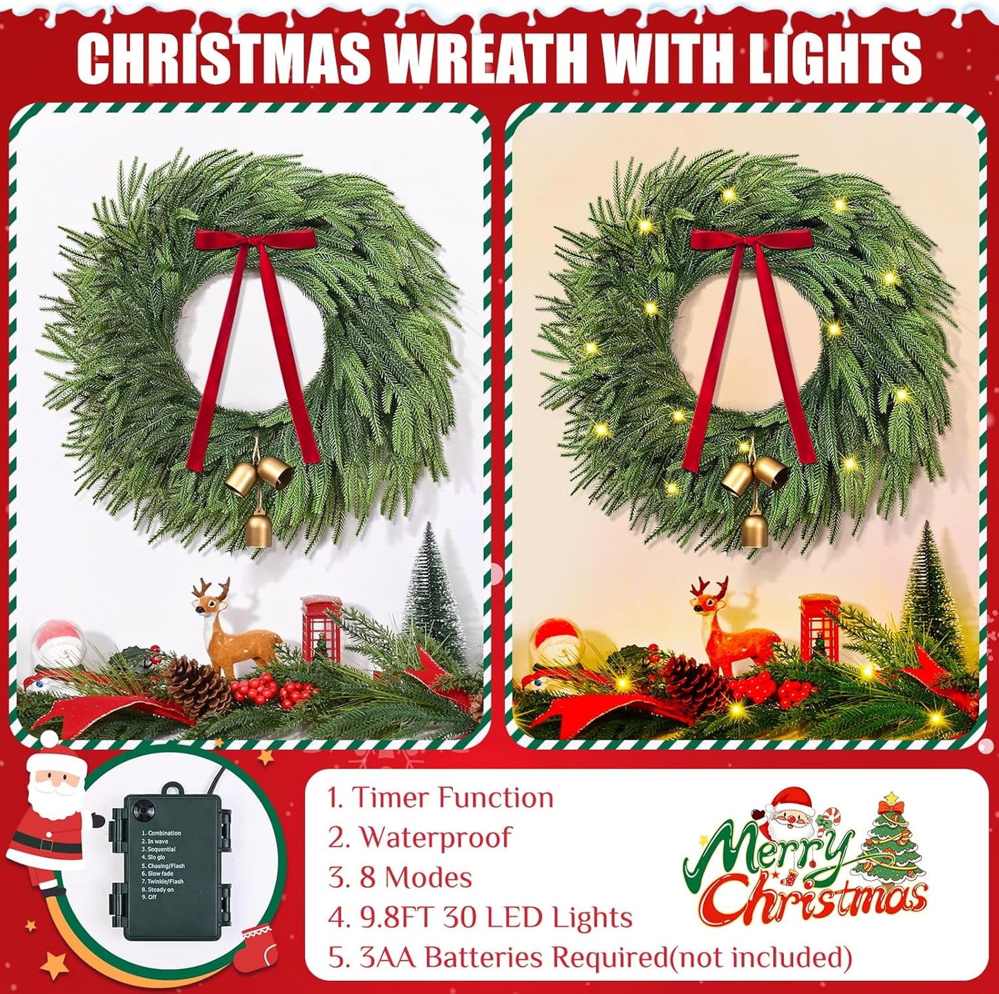 Waipfaru Norfolk Christmas Wreath with Lights,24 inch Pre-lit Artificial Holiday Wreath with Bow & Bells, Battery Operated, Front Door Christmas Decorations Indoor Outdoor