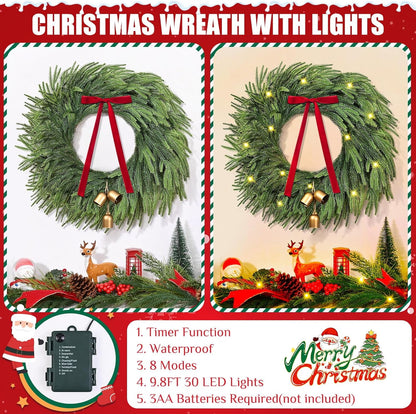 Waipfaru Norfolk Christmas Wreath with Lights,24 inch Pre-lit Artificial Holiday Wreath with Bow & Bells, Battery Operated, Front Door Christmas Decorations Indoor Outdoor