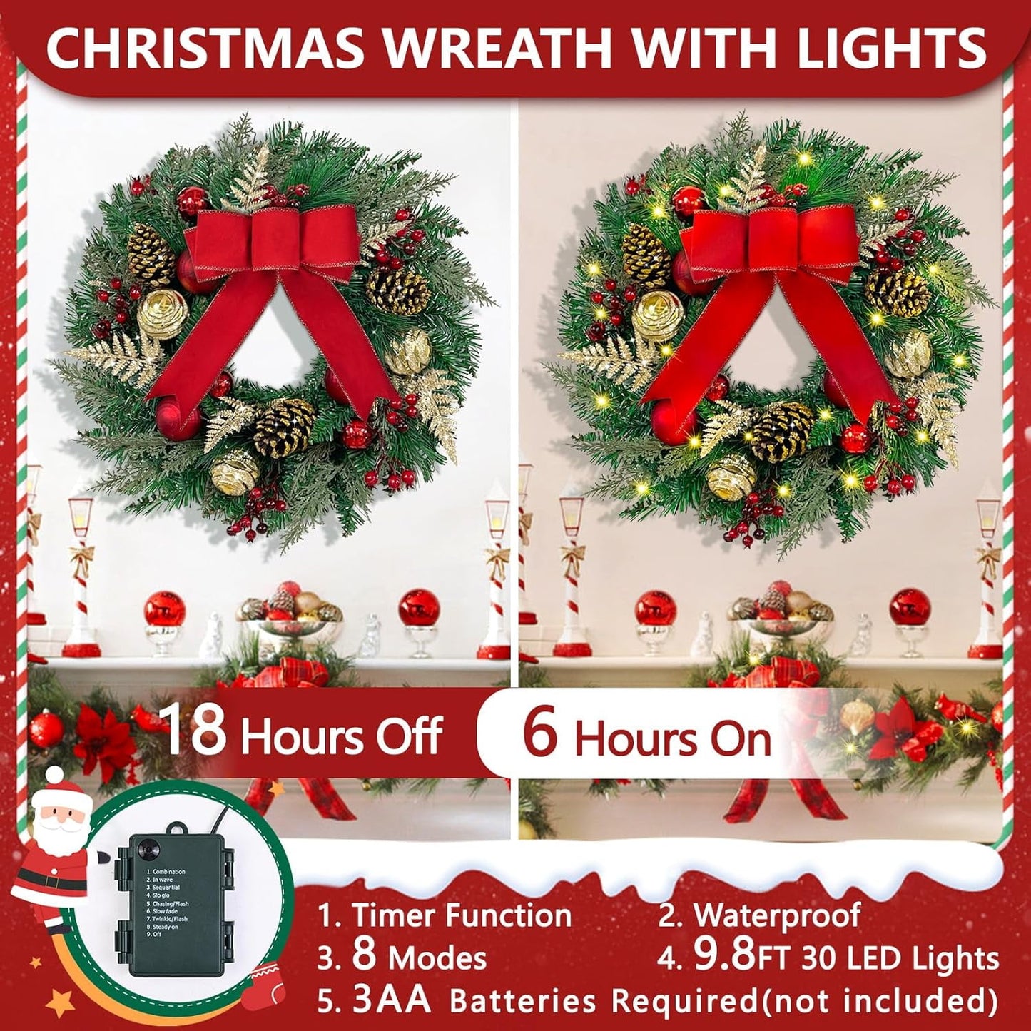 Waipfaru Prelit Christmas Wreath with Lights,16 inch Artificial Holiday Wreath with Red Bow,Battery Operated, Front Door Christmas Decorations Indoor Outdoor