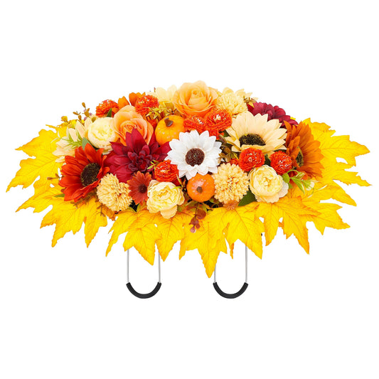 Yastouay Artificial Cemetery Flowers for Grave, Realistic Silk Memorial Headstone Flower Saddle, Faux Sunflower Dahlia Maple Leaf for Grave Decoration