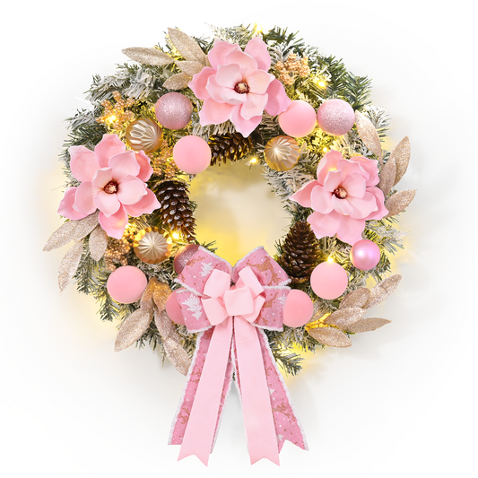 Yastouay 24 inch Pre-Lit Christmas Wreaths for Front Door, Pink Christmas Norfolk Pine Wreath with Bow and Ornaments for Indoor Outdoor Wall Windows Christmas Home Decor