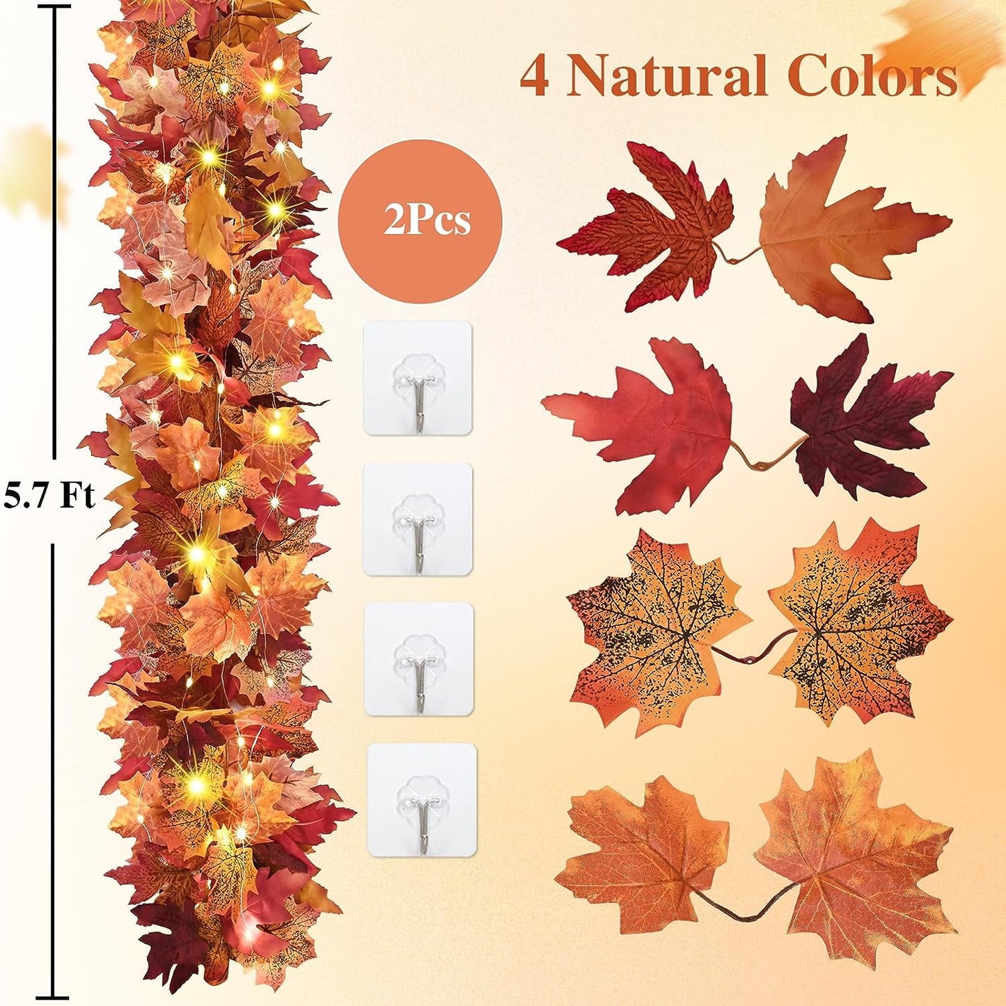 Waipfaru 2 Pack Fall Leaves Garland with Lights - 5.7 ft/Piece Lighted Autumn Leaf Vines Decoration, Artificial Fall Garland for Outdoor Mantle Thanksgiving Decor