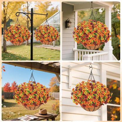 Lyacmy Fall Fake Hanging Flowers With Basket,12 Bundles Fake Voilet Artificial Flowers for Outdoors Fall Decorations for Home(Yellow,Orange)