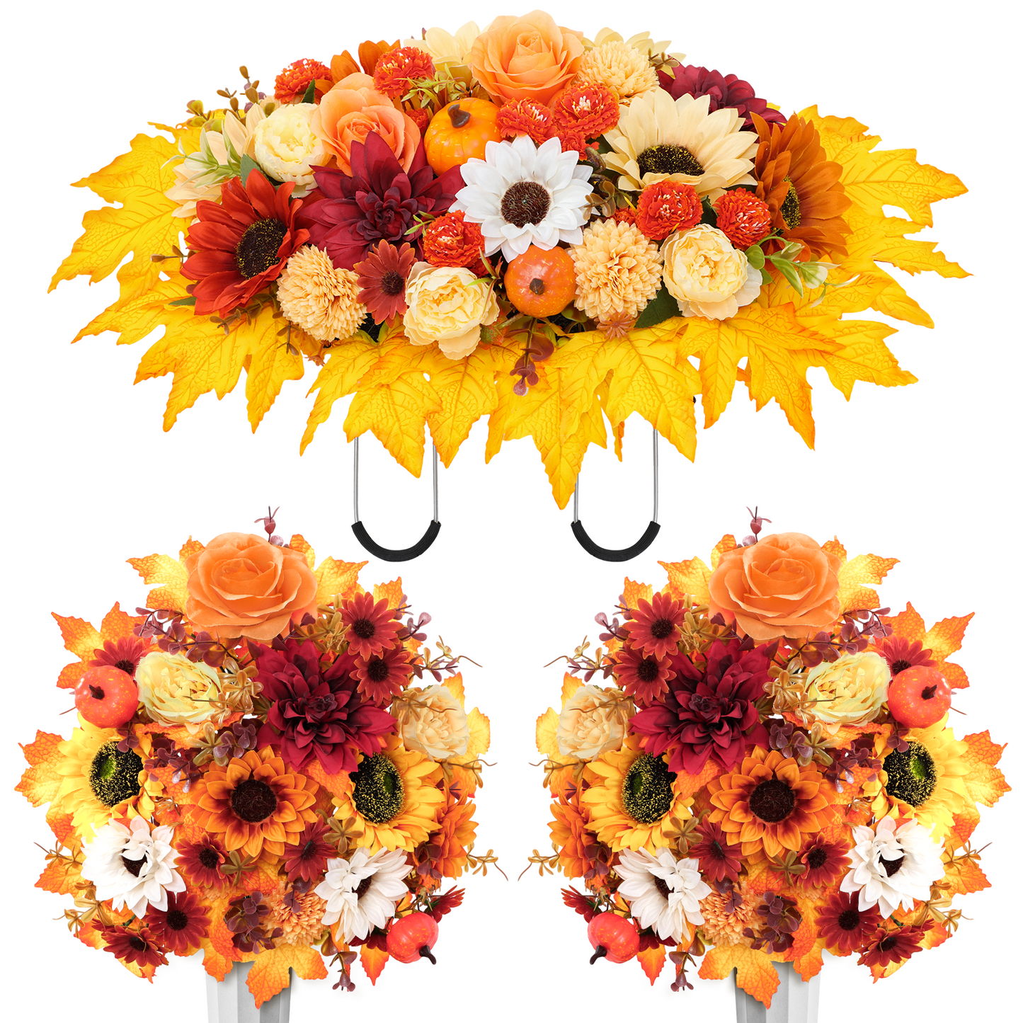 Yastouay Artificial Cemetery Flowers for Grave, 2 Sets Realistic Silk Memorial Flowers Bouquet with Vase and 1 Set Headstone Flower Saddle for Grave Decoration
