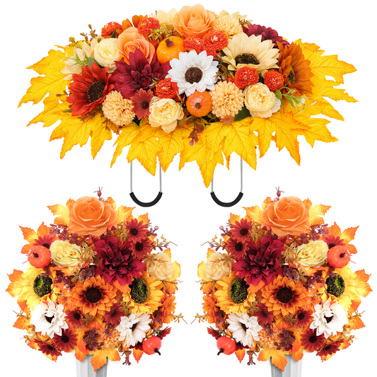 Yastouay Artificial Cemetery Flowers for Grave, 2 Sets Realistic Silk Memorial Flowers Bouquet with Vase and 1 Set Headstone Flower Saddle for Grave Decoration