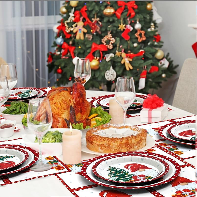 Waipfaru 200 PCS Christmas Paper Plates and Napkins Disposable, Christmas Poinsettia Printed Round Disposable Plates for Christmas Holiday Dinner Birthday Party Supplies