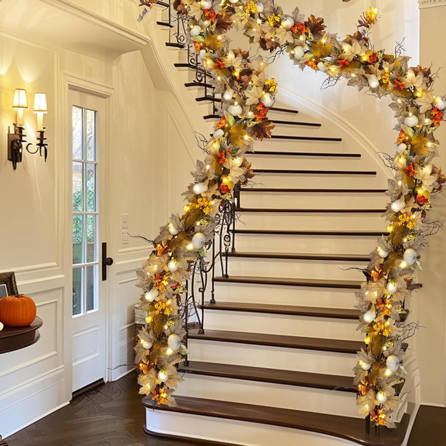 Waipfaru Lighted Fall Garland with Maple Leaves White Pumpkins Berry,6FT Artificial Autumn Fall Decor for Thanksgiving