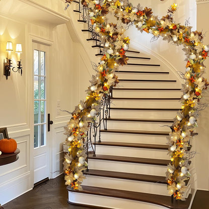 Waipfaru Lighted Fall Garland with Maple Leaves White Pumpkins Berry,6FT Artificial Autumn Fall Decor for Thanksgiving