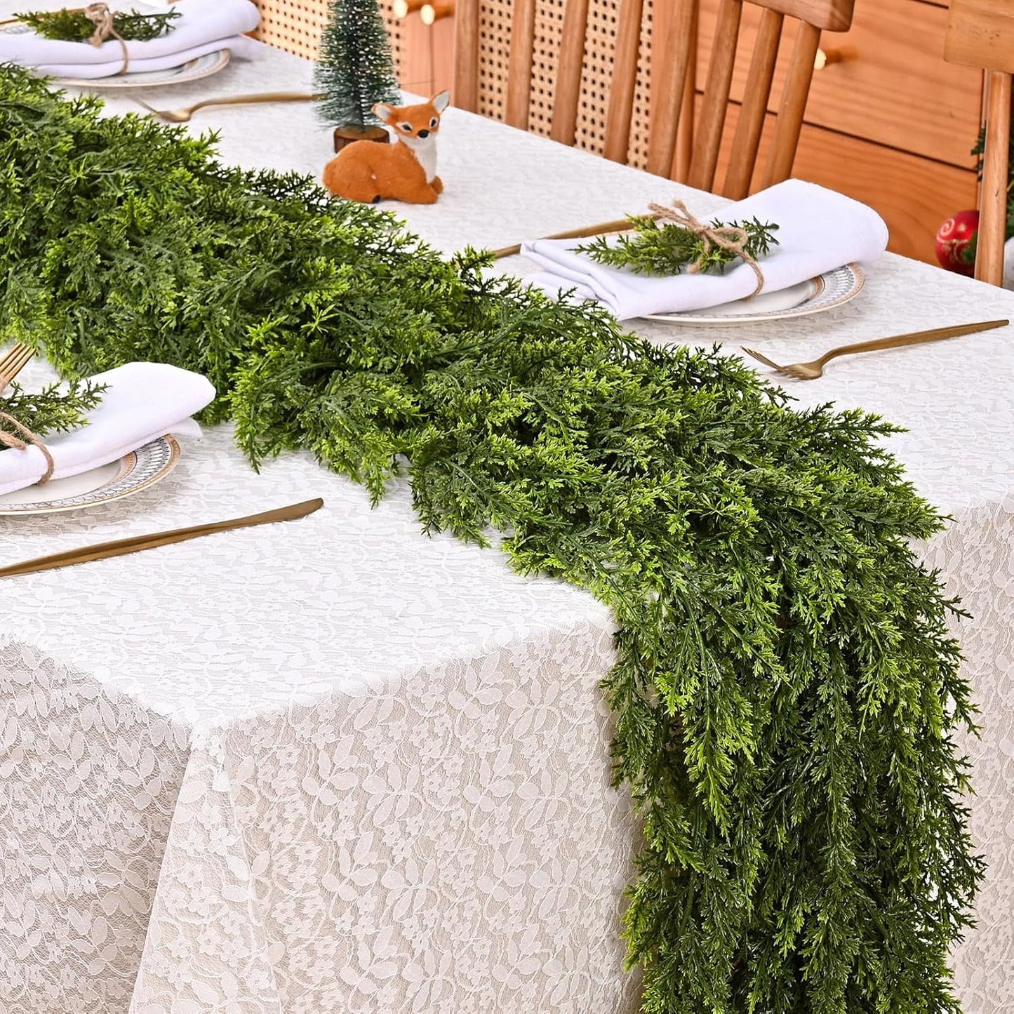 Waipfaru 5.9ft Christmas Cedar Garland with lights,Realistic Artificial Green Faux Cedar Pine Needles Garland for Fireplace Mantel Table Indoor Outdoor Xmas Decoration