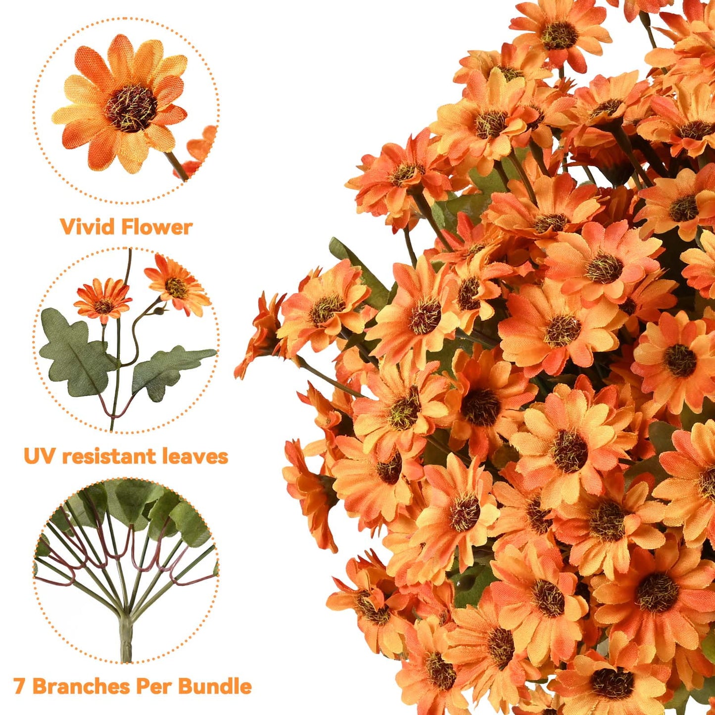 Lyacmy Fake Mums,6 Bouquets Artificial Fall Flowers,Orange Daisy Decoration for Home Decor Garden Porch Fall Decoration
