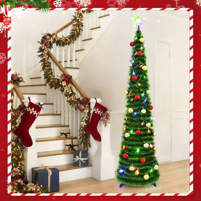 Waipfaru 5ft Pop up Christmas Tree with 3D Star 30 Ball Ornament, Artificial Collapsible Pencil Tinsel Xmas Tree for Christmas Decoration