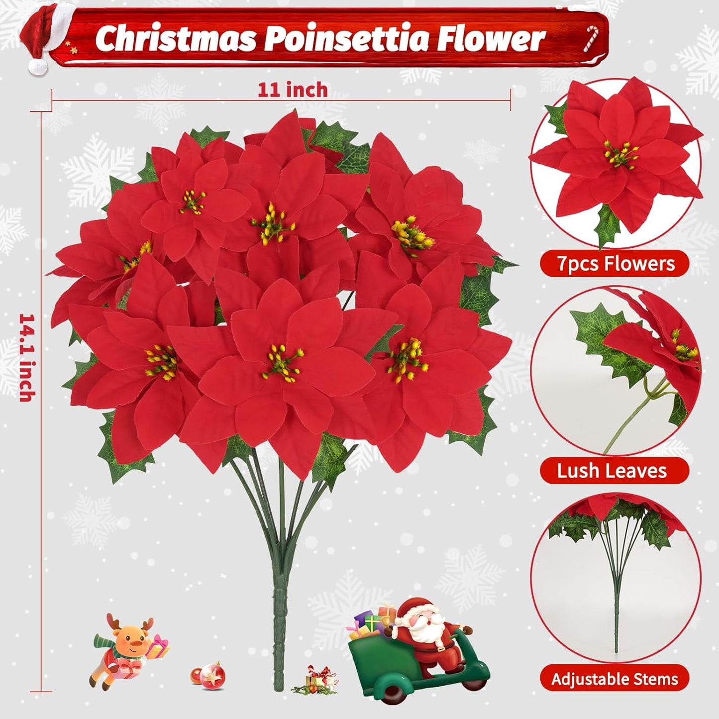 Waipfaru 8pcs Artificial Poinsettia Bushes,14 inch Faux Red Velvet Poinsettia Flowers for Indoor Outdoor Christmas Tree Home Porch Decorations