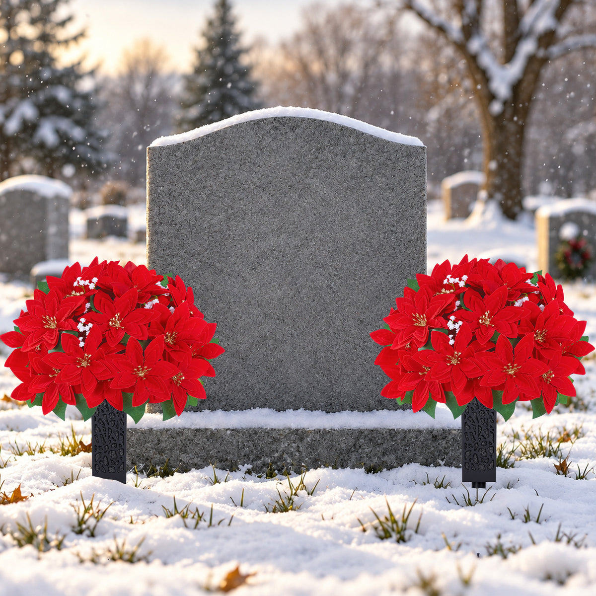 Yastouay 2 Sets Artificial Cemetery Flowers for Grave, 23in Christmas Flowers 24 Heads Faux Red Velvet Poinsettia with Vase for Christmas Grave Decoration