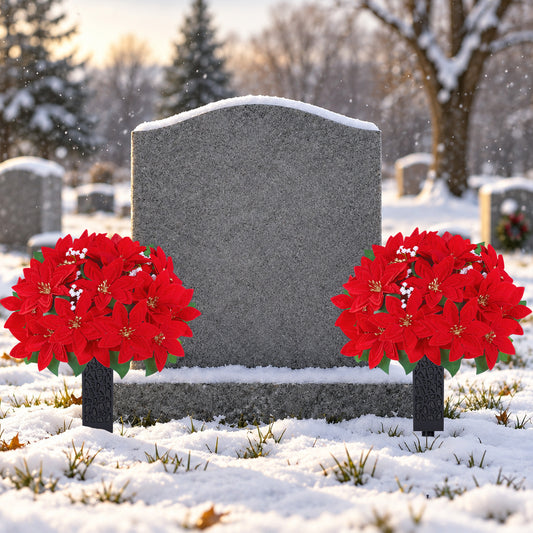 Yastouay 2 Sets Artificial Cemetery Flowers for Grave, 23in Christmas Flowers 24 Heads Faux Red Velvet Poinsettia with Vase for Christmas Grave Decoration