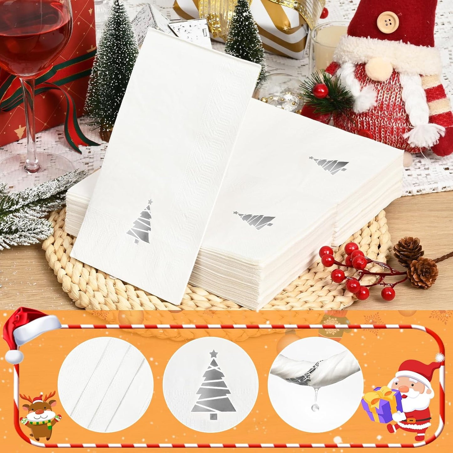 Waipfaru 100 PCS White Christmas Paper Napkins 3-Ply Silver Christmas Tree Disposable Napkins for Xmas Winter Holiday