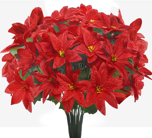 Dolicer 6 Pack Christmas Flowers Artificial Poinsettia Flowers, 14.6 inch Faux Velvet Red Poinsettia Floral for Christmas Tree Ornament Home Decorations