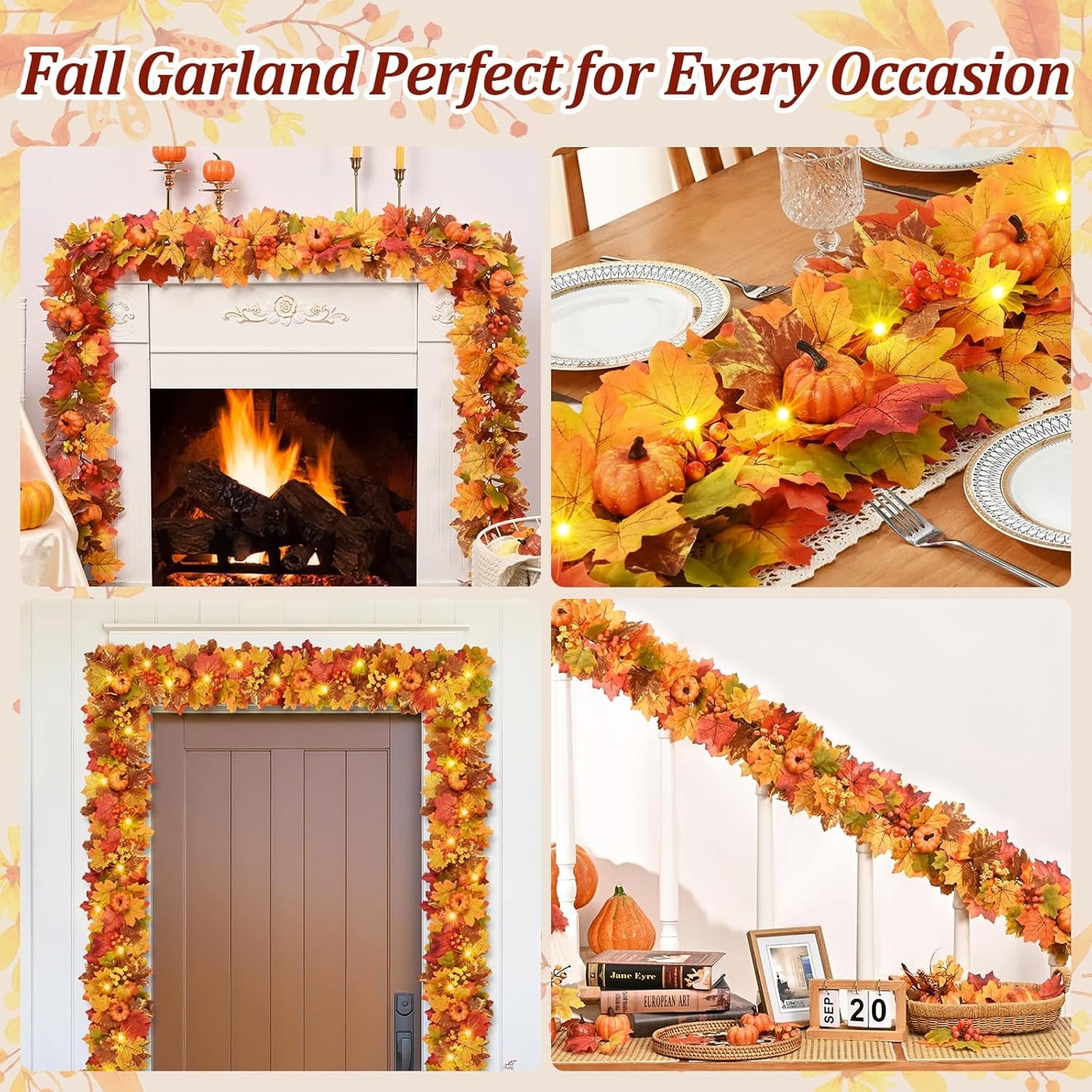 Waipfaru Lighted Fall Garland for Mantle, 6ft Battery Operated Thanksgiving Garland with Timer, Pumpkins,Berries,Autumn Decorations for Fireplace Home