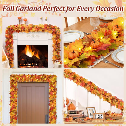 Waipfaru Lighted Fall Garland for Mantle, 6ft Battery Operated Thanksgiving Garland with Timer, Pumpkins,Berries,Autumn Decorations for Fireplace Home