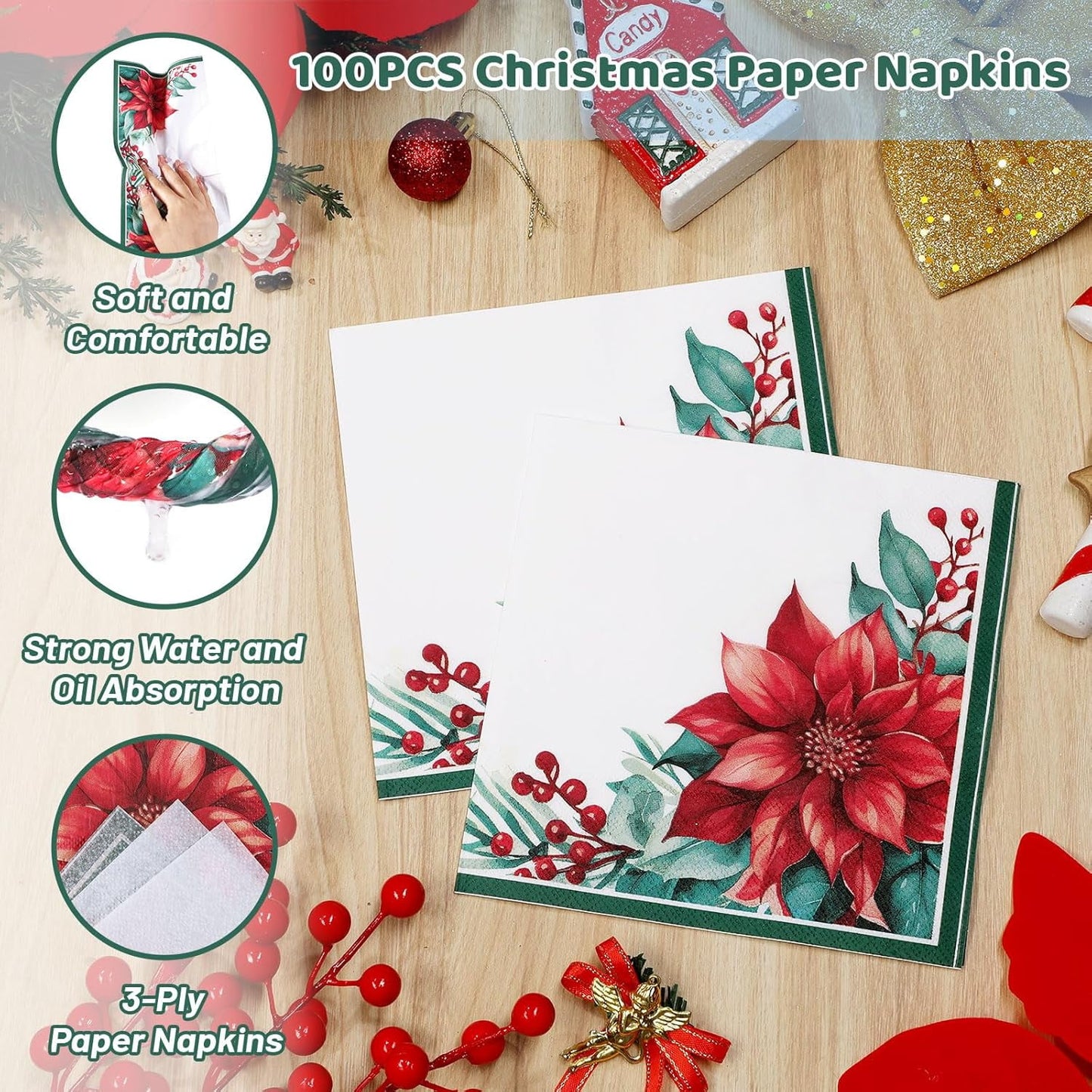 Waipfaru 200 PCS Christmas Paper Plates and Napkins Disposable, Christmas Poinsettia Printed Round Disposable Plates for Christmas Holiday Dinner Birthday Party Supplies