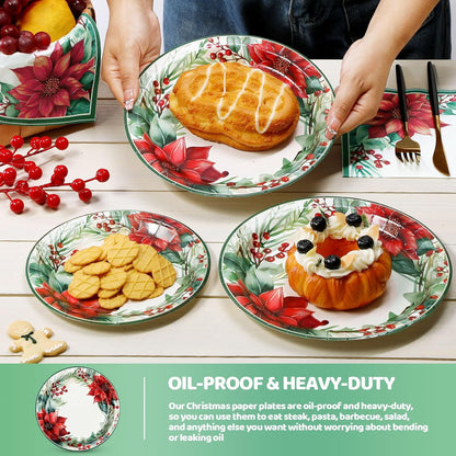 Waipfaru 200 PCS Christmas Paper Plates and Napkins Disposable, Christmas Poinsettia Printed Round Disposable Plates for Christmas Holiday Dinner Birthday Party Supplies