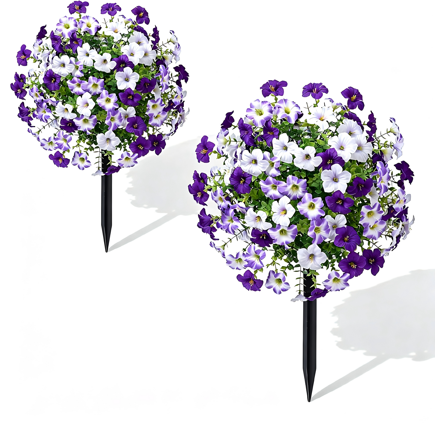 Yastouay 2 Packs Artificial Flowers Topiary Balls with Ground Spikes,23 Inch UV Resistant Faux Boxwood with Petunias Flowers for Outdoor Garden Decor(Mixed Purple)