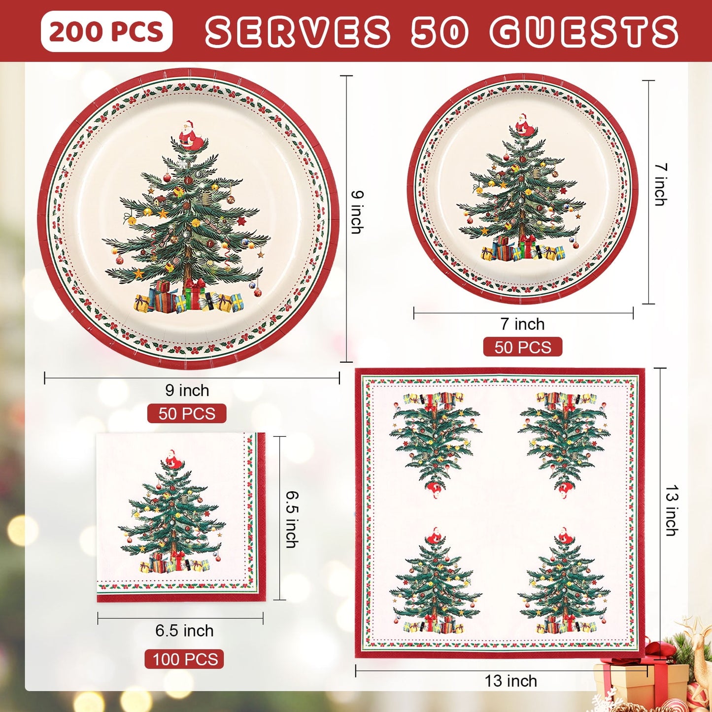 Waipfaru 200 Pcs Merry Christmas Dinnerware Set,Christmas Tree Paper Plates, Napkins & Party Supplies for 50 Guests