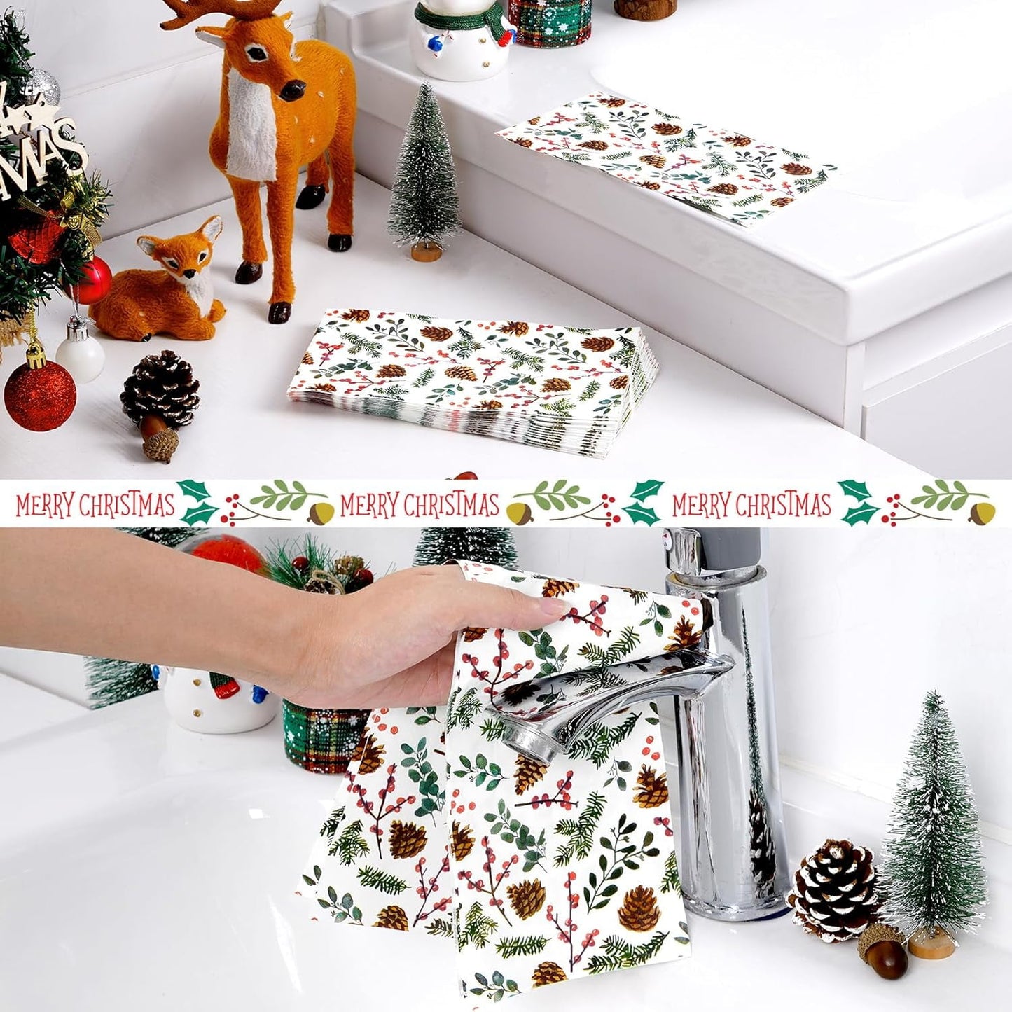 Waipfaru 100 PCS Christmas Paper Napkins 3-Ply Christmas Disposable Paper Hand Towels Pine Cone Napkins for Xmas Winter Holiday