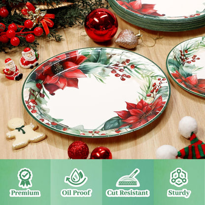 Waipfaru 200 PCS Christmas Paper Plates and Napkins Disposable, Christmas Poinsettia Printed Round Disposable Plates for Christmas Holiday Dinner Birthday Party Supplies