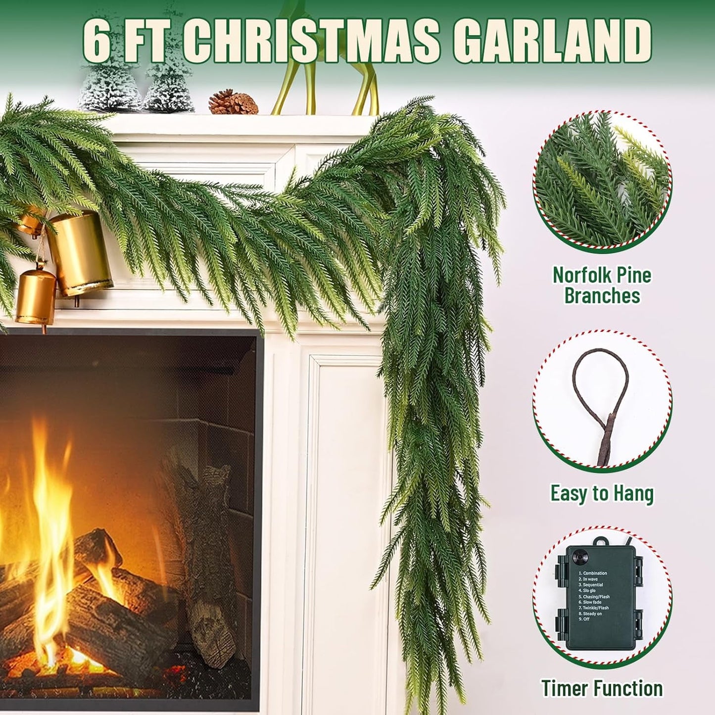 Waipfaru 6ft Norfolk Pine Christmas Garland,Real Touch Artificial Faux Greenery Garland for Holiday Indoor Outdoor Decor