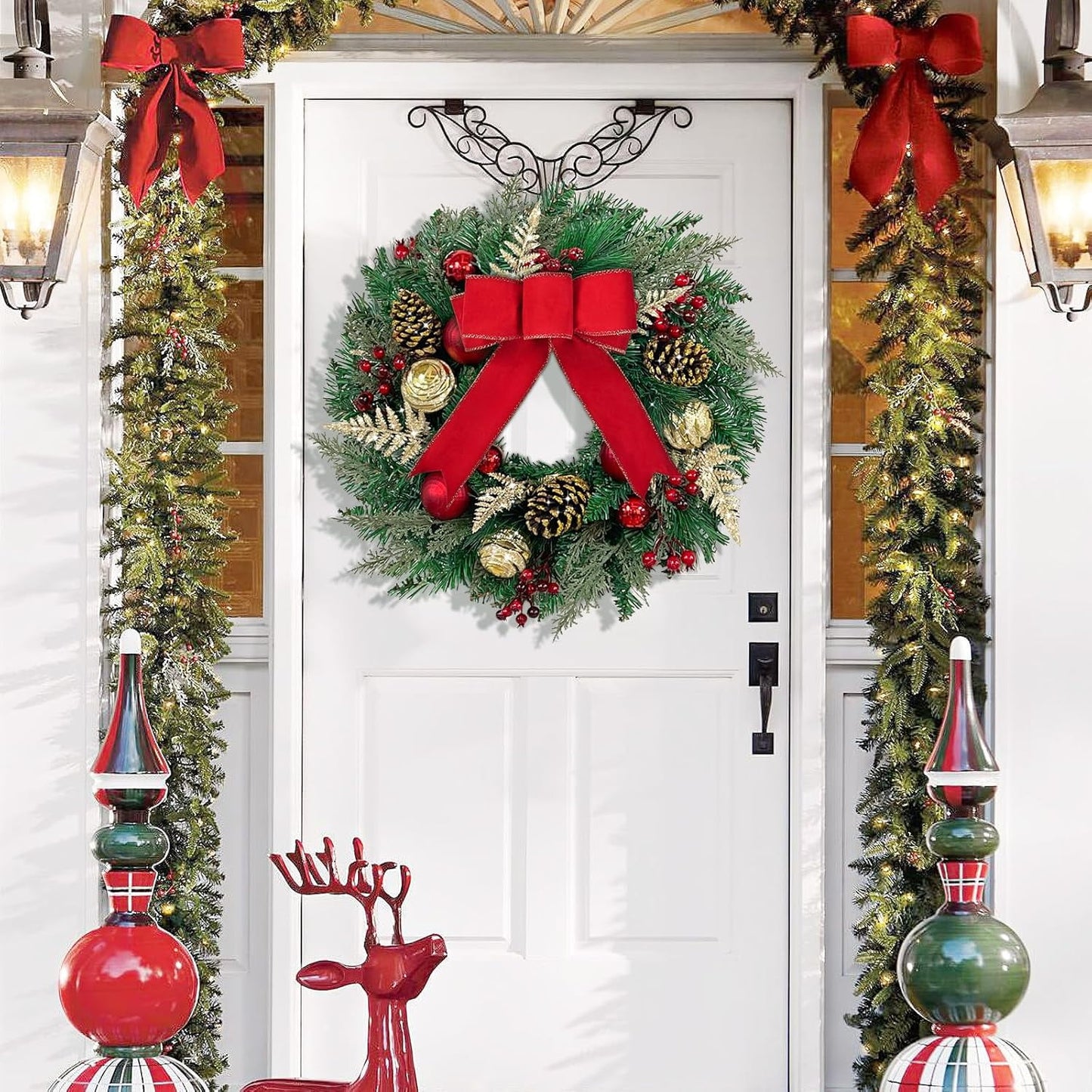 Waipfaru Prelit Christmas Wreath with Lights,16 inch Artificial Holiday Wreath with Red Bow,Battery Operated, Front Door Christmas Decorations Indoor Outdoor