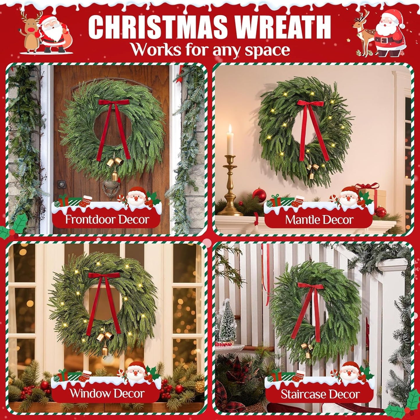 Waipfaru Norfolk Christmas Wreath with Lights,24 inch Pre-lit Artificial Holiday Wreath with Bow & Bells, Battery Operated, Front Door Christmas Decorations Indoor Outdoor
