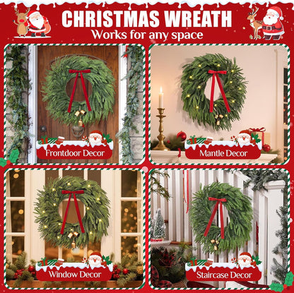 Waipfaru Norfolk Christmas Wreath with Lights,24 inch Pre-lit Artificial Holiday Wreath with Bow & Bells, Battery Operated, Front Door Christmas Decorations Indoor Outdoor