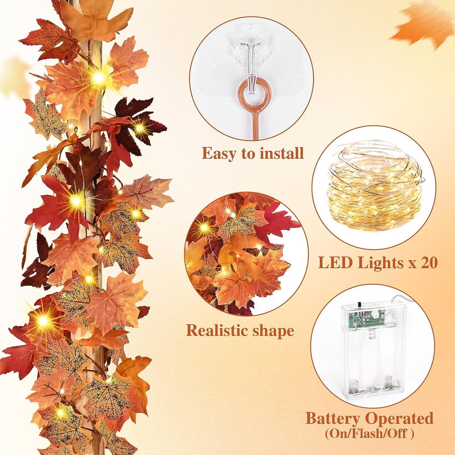 Waipfaru 2 Pack Fall Leaves Garland with Lights - 5.7 ft/Piece Lighted Autumn Leaf Vines Decoration, Artificial Fall Garland for Outdoor Mantle Thanksgiving Decor