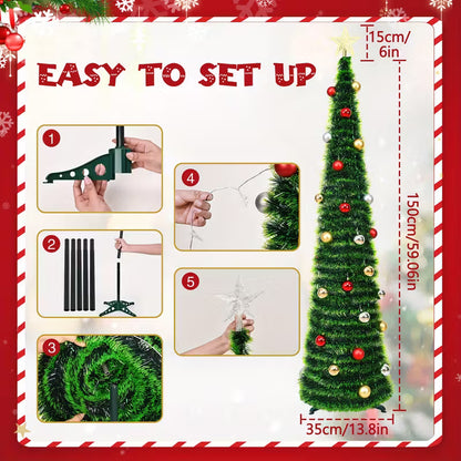 Waipfaru 5ft Pop up Christmas Tree with 3D Star 30 Ball Ornament, Artificial Collapsible Pencil Tinsel Xmas Tree for Christmas Decoration
