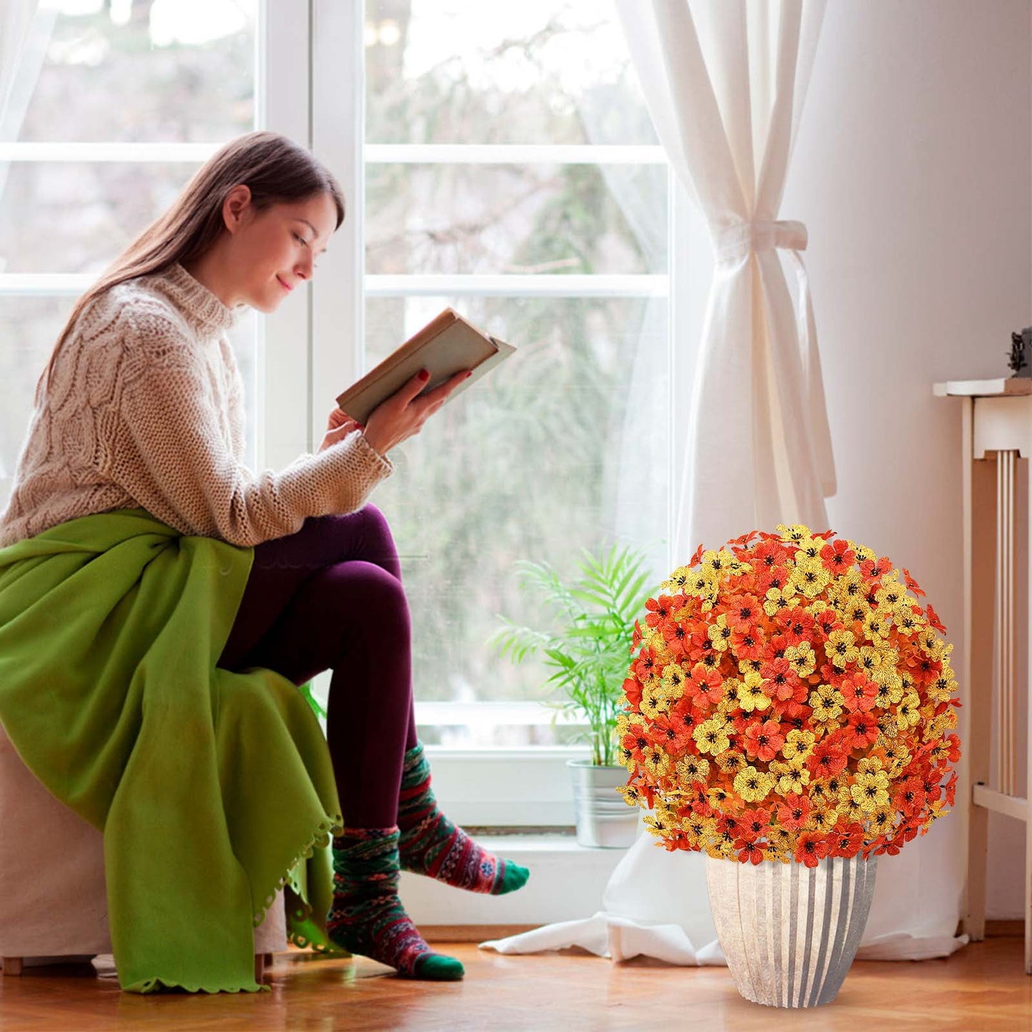 Waipfaru Outdoor Fall Artificial Flower Decorations, 22 inch Fake Daisies Shrub with Eucalyptus Leaves,UV Resistant Artificial Plant for Indoor Outdoor Front Porch Gardens