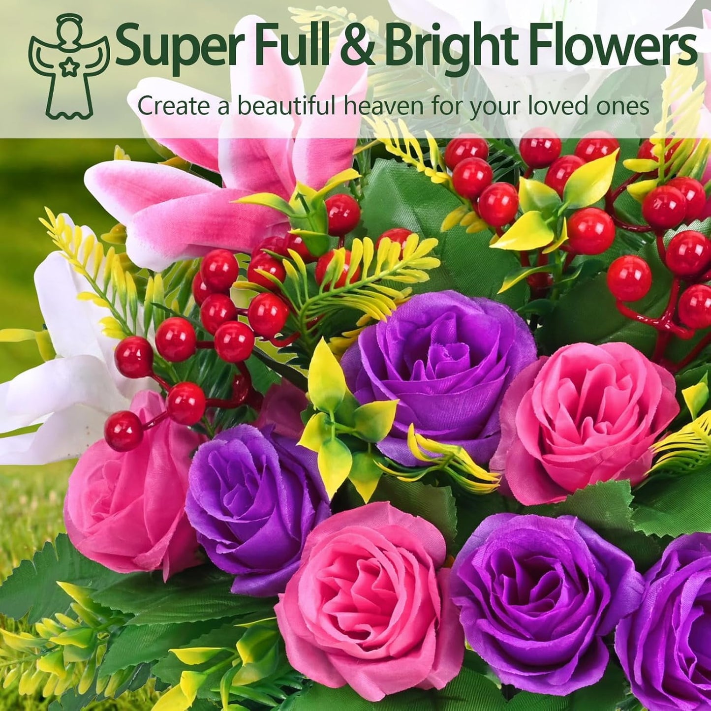 Waipfaru Artificial Cemetery Flowers with Vase,2 Pack Artificial Rose Lily Grave Bouquet,Silk Memorial Flowers for Cemetery Headstones Decoration