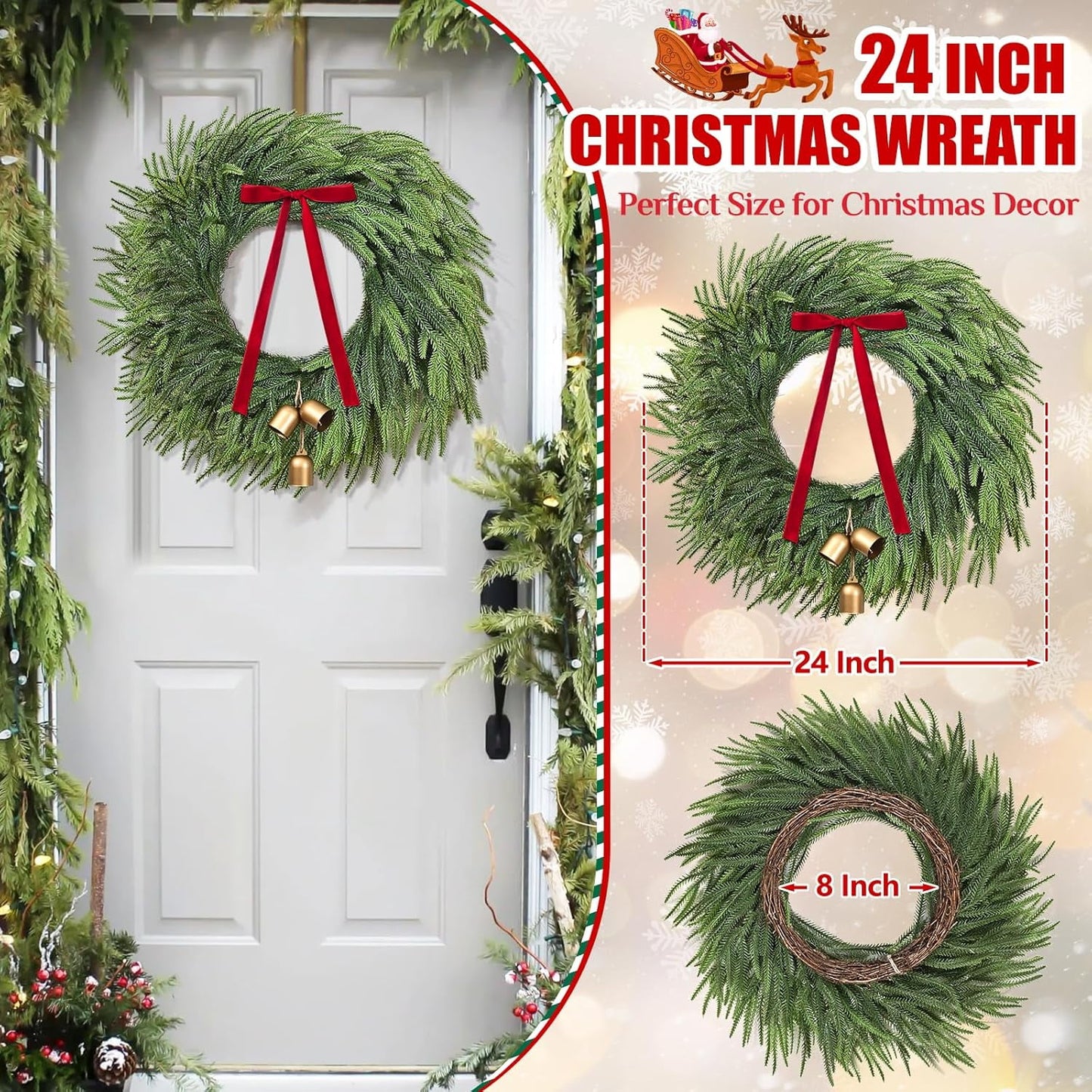 Waipfaru Norfolk Christmas Wreath with Lights,24 inch Pre-lit Artificial Holiday Wreath with Bow & Bells, Battery Operated, Front Door Christmas Decorations Indoor Outdoor