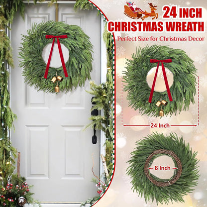 Waipfaru Norfolk Christmas Wreath with Lights,24 inch Pre-lit Artificial Holiday Wreath with Bow & Bells, Battery Operated, Front Door Christmas Decorations Indoor Outdoor