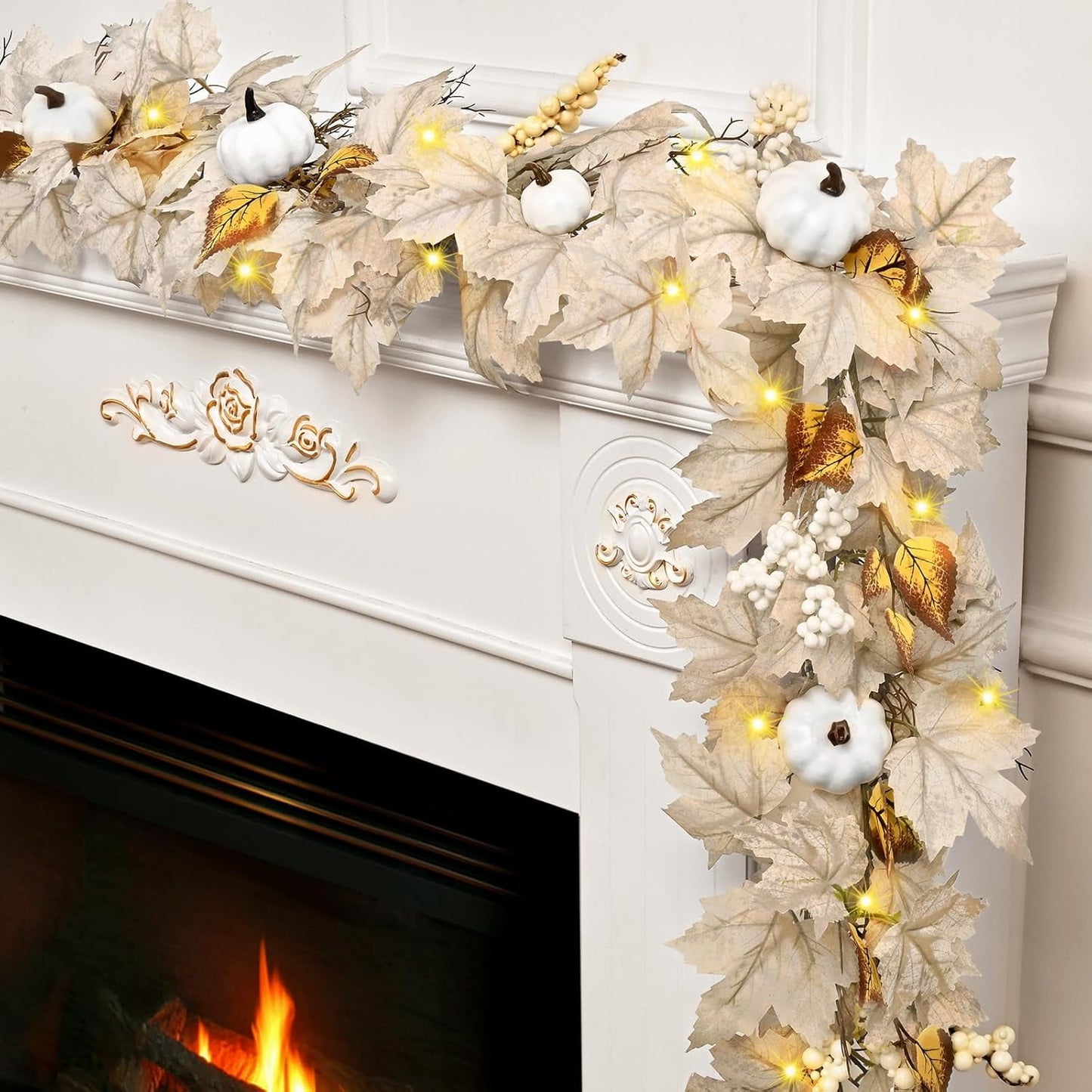 Waipfaru Fall Garland with Lights,5.8ft Maple Leaf Garland with White Pumpkins, Berries&LED Lights,Battery Operated Thanksgiving Garland for Mantel, Fireplace, Tabletop